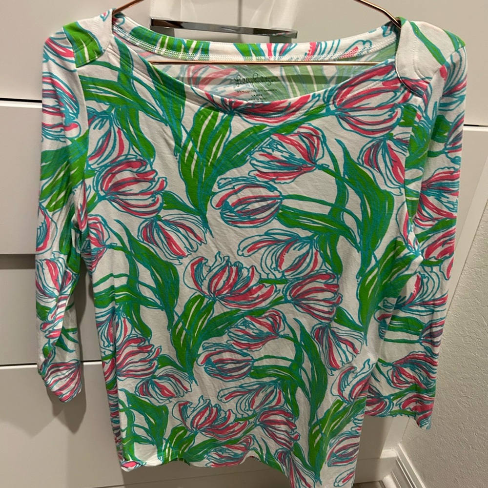 Lilly Pulitzer Green and Pink Floral Long Sleeve Top